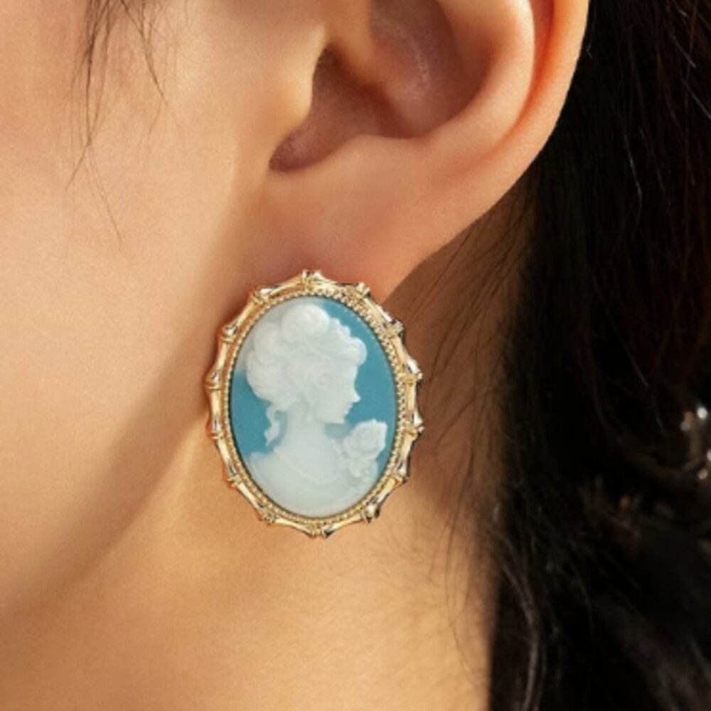 Blue, White & Gold Cameo Lady Figure Stud Earrings NEW Spring Summer Easter Gift